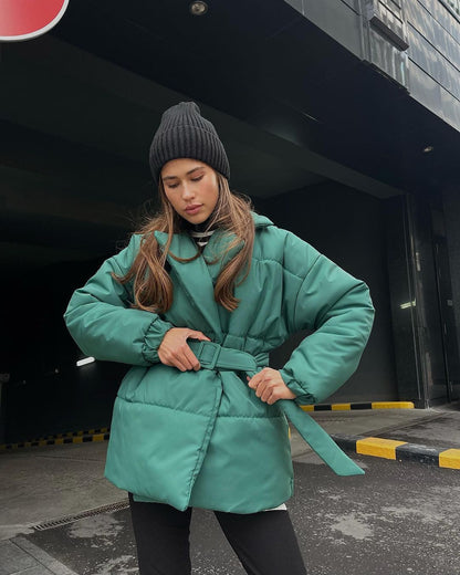 Winter Lapel Fitted Cotton Coat Fashion Solid Color Slim Women's Coat