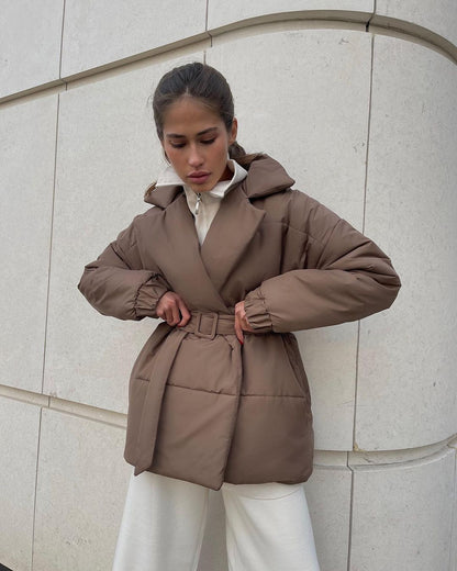 Winter Lapel Fitted Cotton Coat Fashion Solid Color Slim Women's Coat